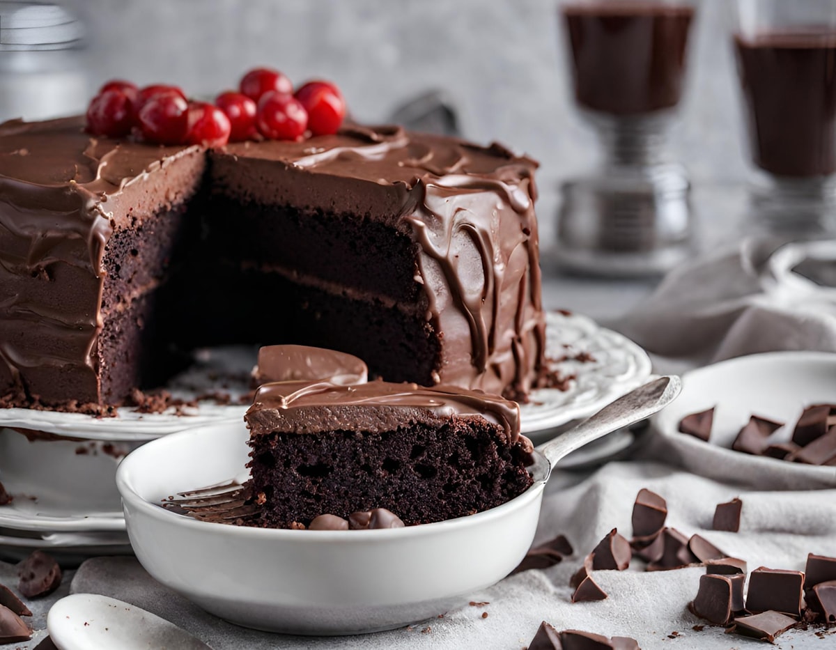 a chocolate cake with a slice taken out of it